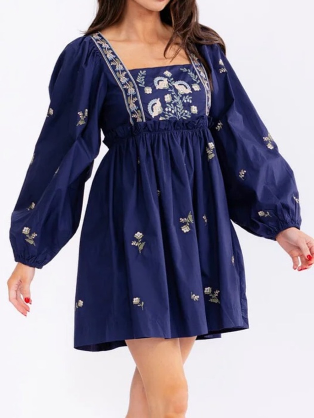 Boho NWT flower child Embroidered Navy Square-Neck Mini Dress size S-M-L